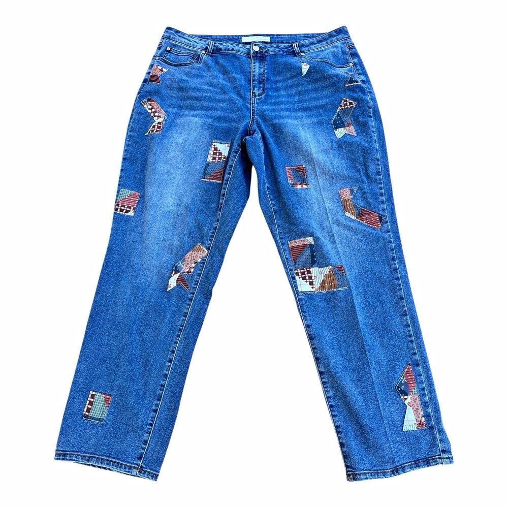 C Est 1946 Denim Jeans Womens Plus Sz 16W Blue Jean Boho Patchwork Straight Leg